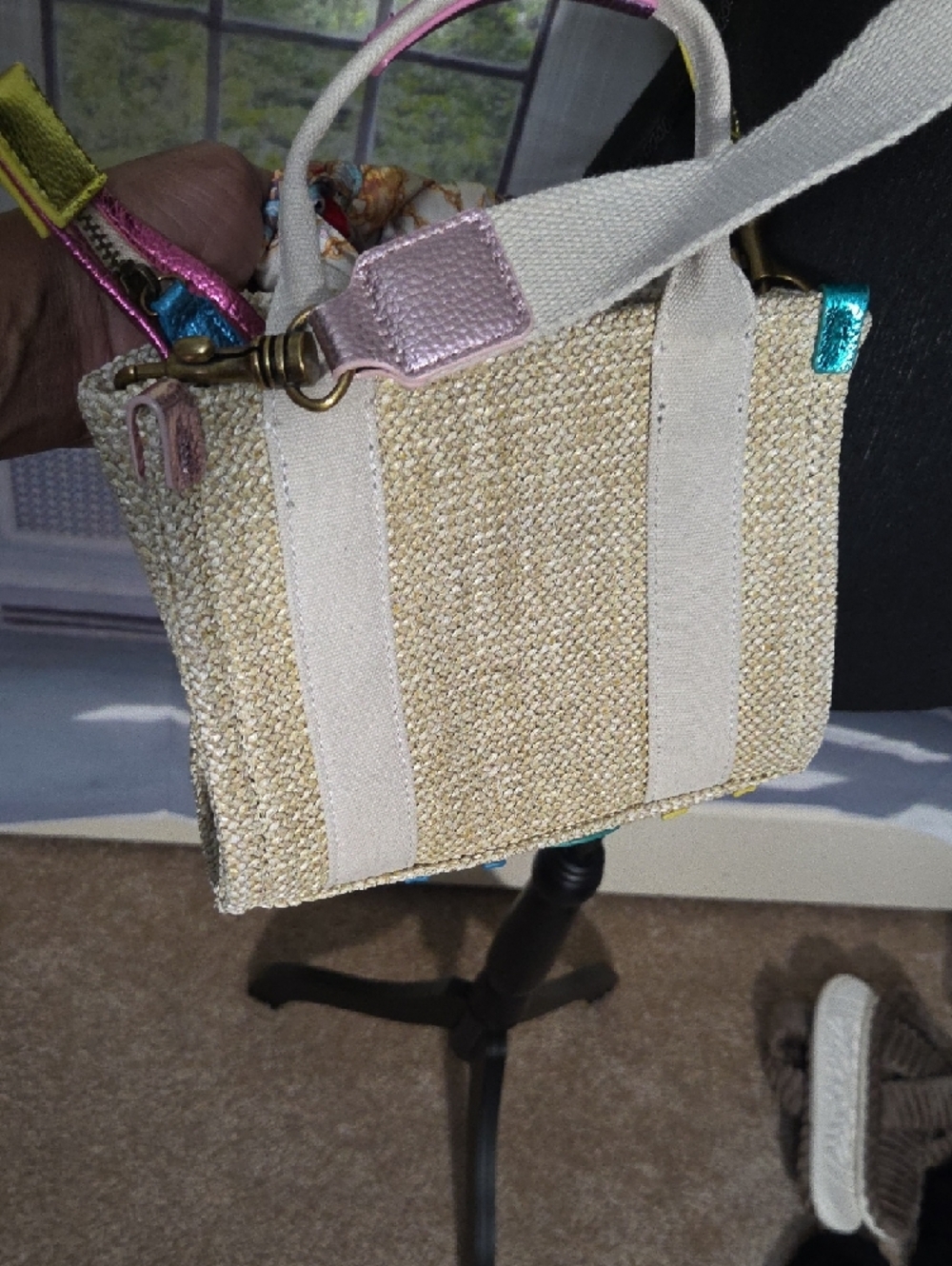 Kurt Geiger Cream Straw Mini Tote with Pink Metallic Logo and Gold Charm - Picture 5 of 8